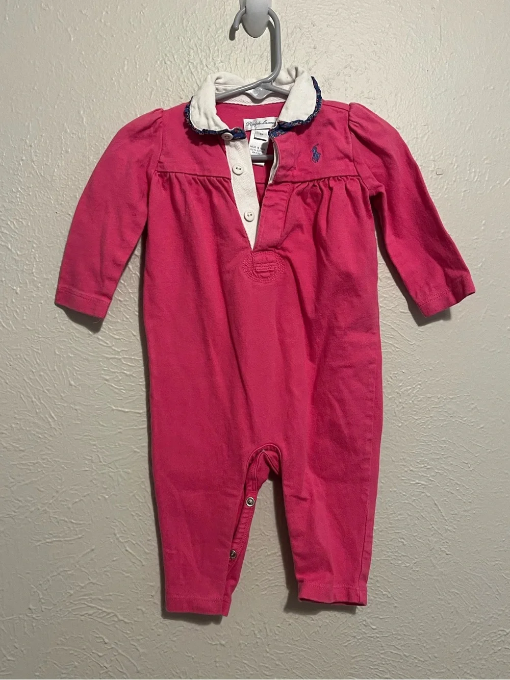 Vintage Ralph Lauren Girl Romper Long Sleeve Pink 6M 100% Cotton Ruffle Collar